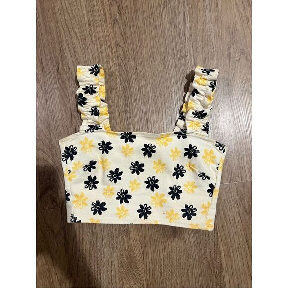 ZARA Floral Denim Crop Top Ruched Back Ruffle wide Straps Bloggers favorite XS - Picture 7 of 8